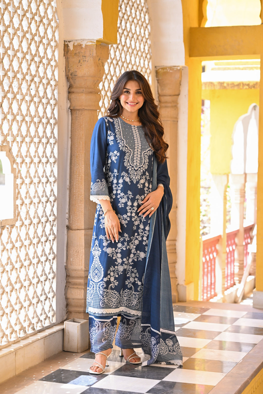 Blue Paisley Pearl Work Pure Muslin Suit Set- SET OF-3 | SHOBITAM