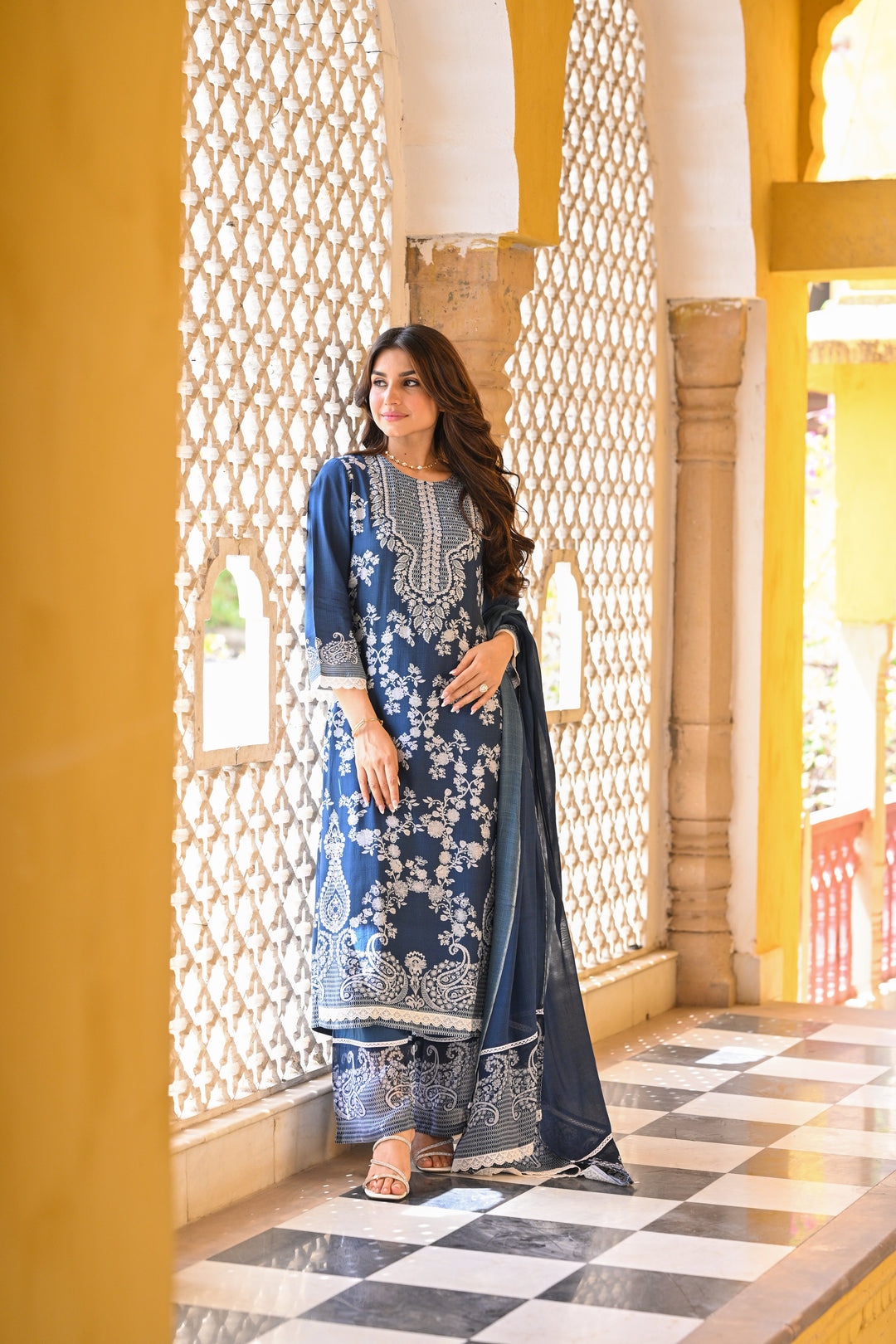 Blue Paisley Pearl Work Pure Muslin Suit Set- SET OF-3 | SHOBITAM
