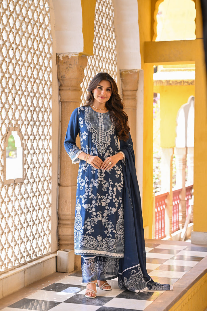 Blue Paisley Pearl Work Pure Muslin Suit Set- SET OF-3 | SHOBITAM