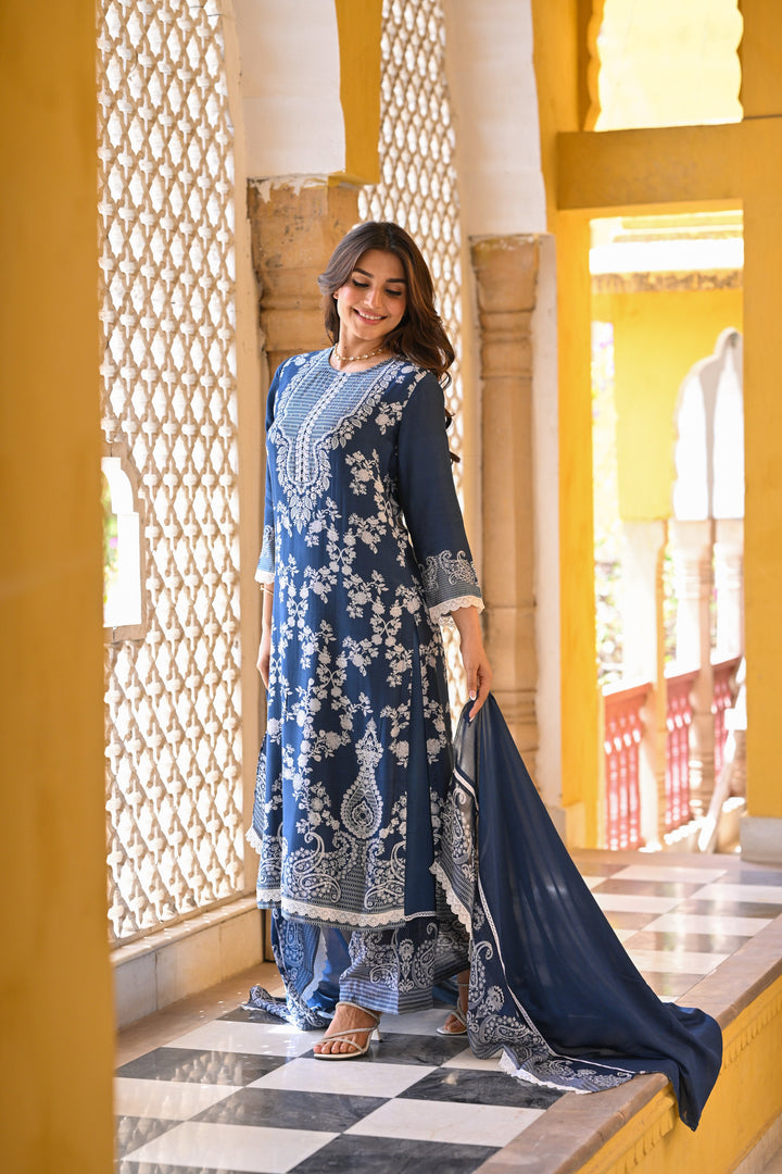 Blue Paisley Pearl Work Pure Muslin Suit Set- SET OF-3 | SHOBITAM