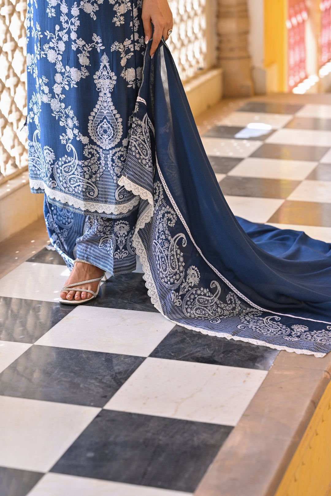 Blue Paisley Pearl Work Pure Muslin Suit Set- SET OF-3 | SHOBITAM