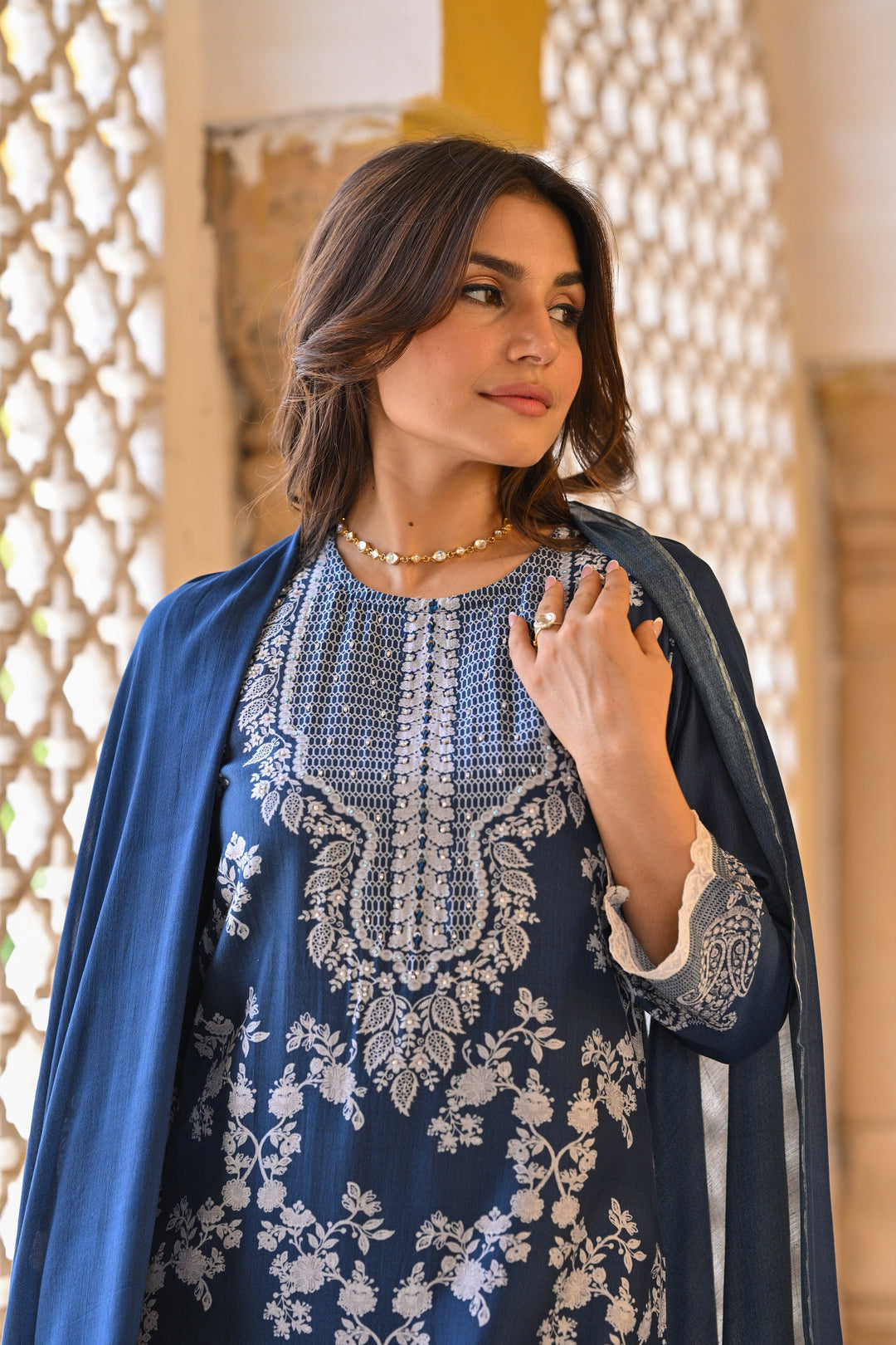 Blue Paisley Pearl Work Pure Muslin Suit Set- SET OF-3 | SHOBITAM