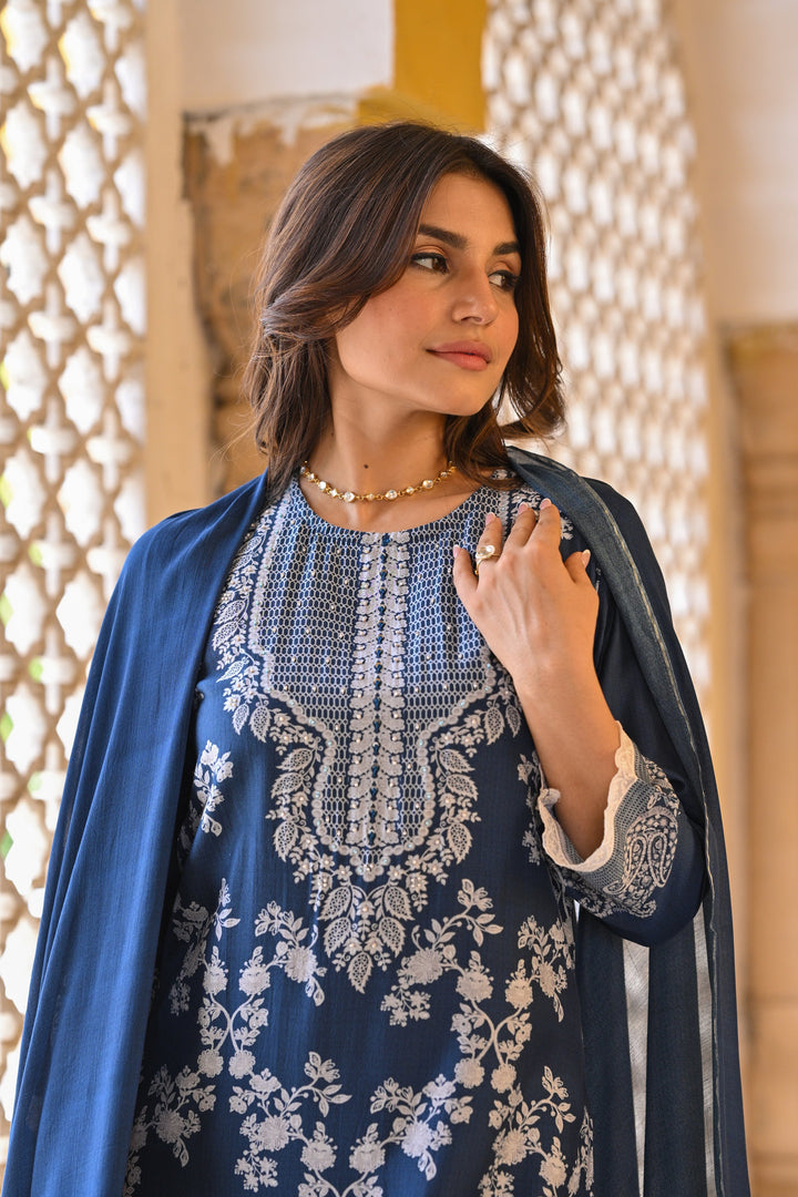 Blue Paisley Pearl Work Pure Muslin Suit Set- SET OF-3 | SHOBITAM