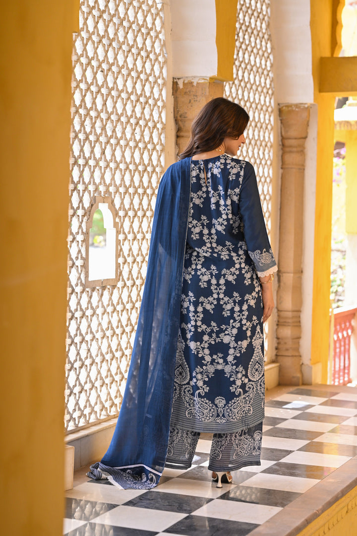 Blue Paisley Pearl Work Pure Muslin Suit Set- SET OF-3 | SHOBITAM
