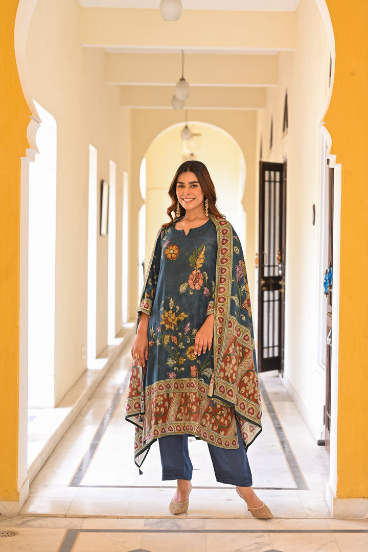 Midnight Blue Kalamakari Print Muslin Suit Set- SET OF 3 | SHOBITAM