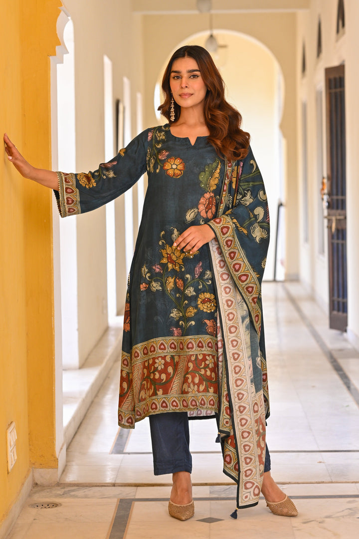 Midnight Blue Kalamakari Print Muslin Suit Set- SET OF 3 | SHOBITAM