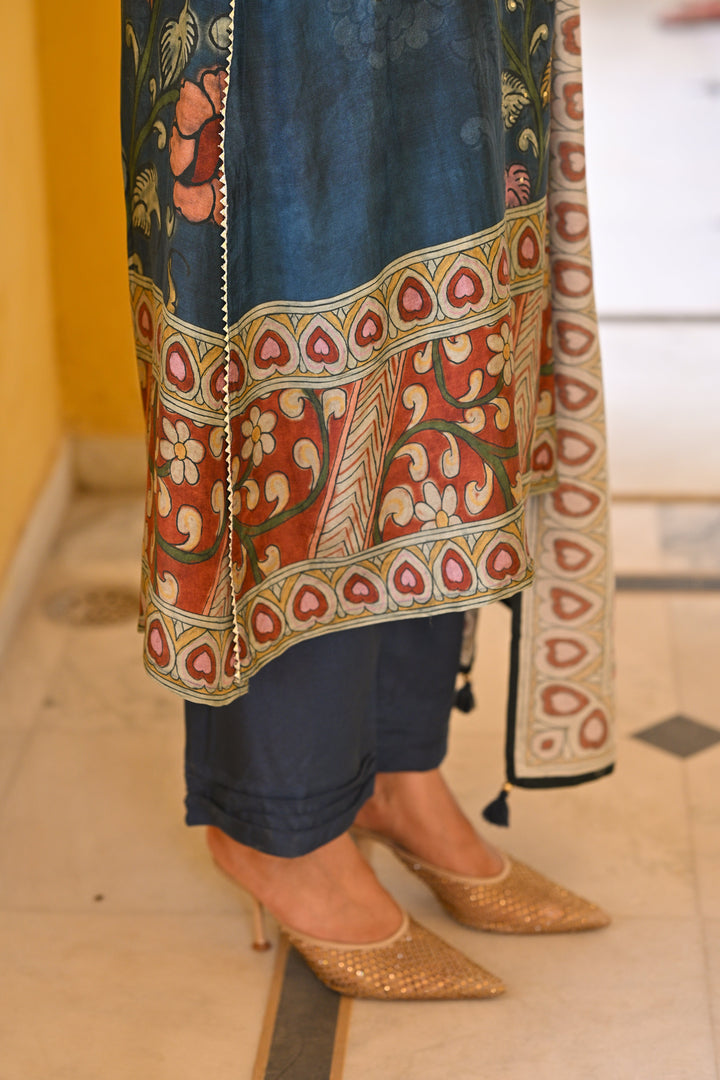 Midnight Blue Kalamakari Print Muslin Suit Set- SET OF 3 | SHOBITAM