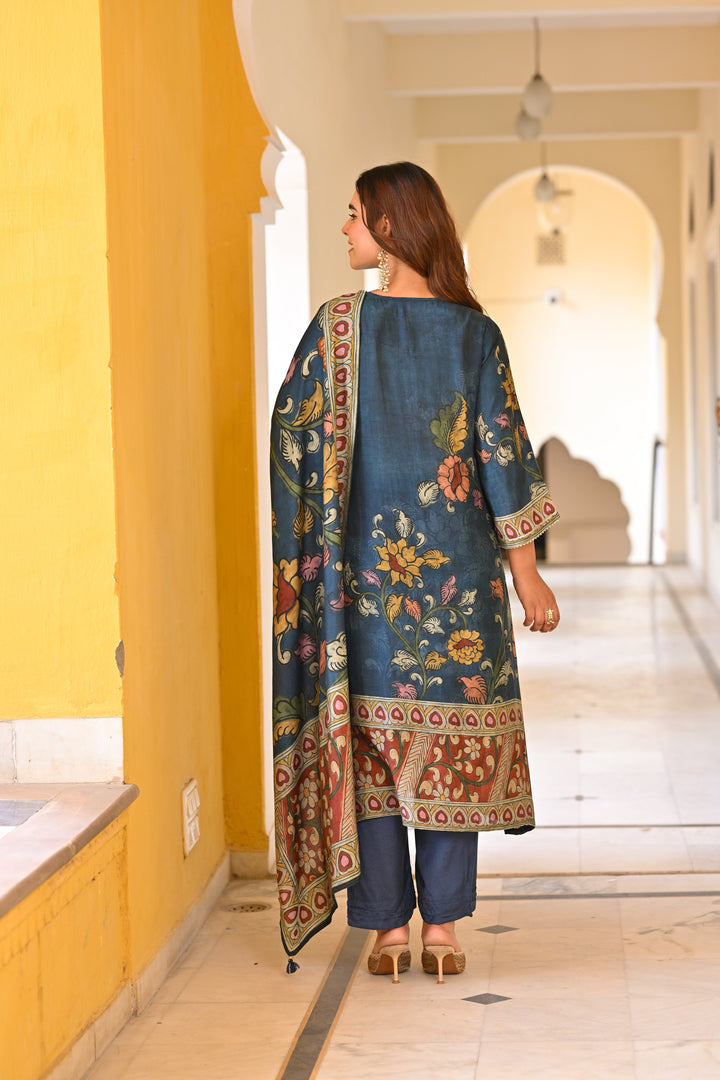 Midnight Blue Kalamakari Print Muslin Suit Set- SET OF 3 | SHOBITAM