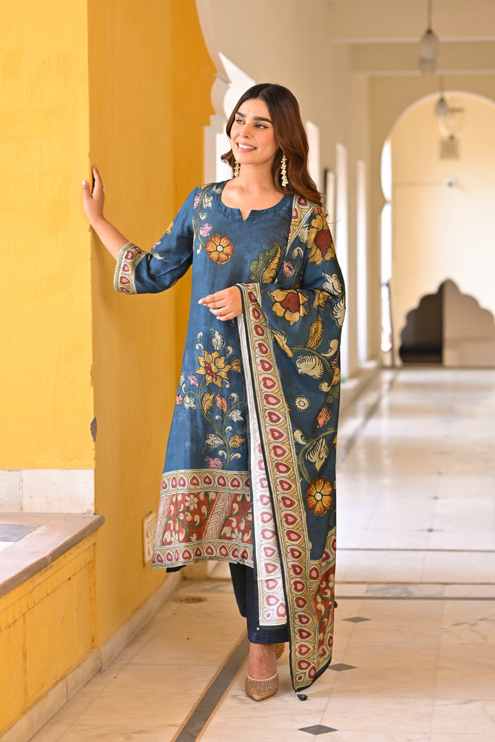 Midnight Blue Kalamakari Print Muslin Suit Set- SET OF 3 | SHOBITAM