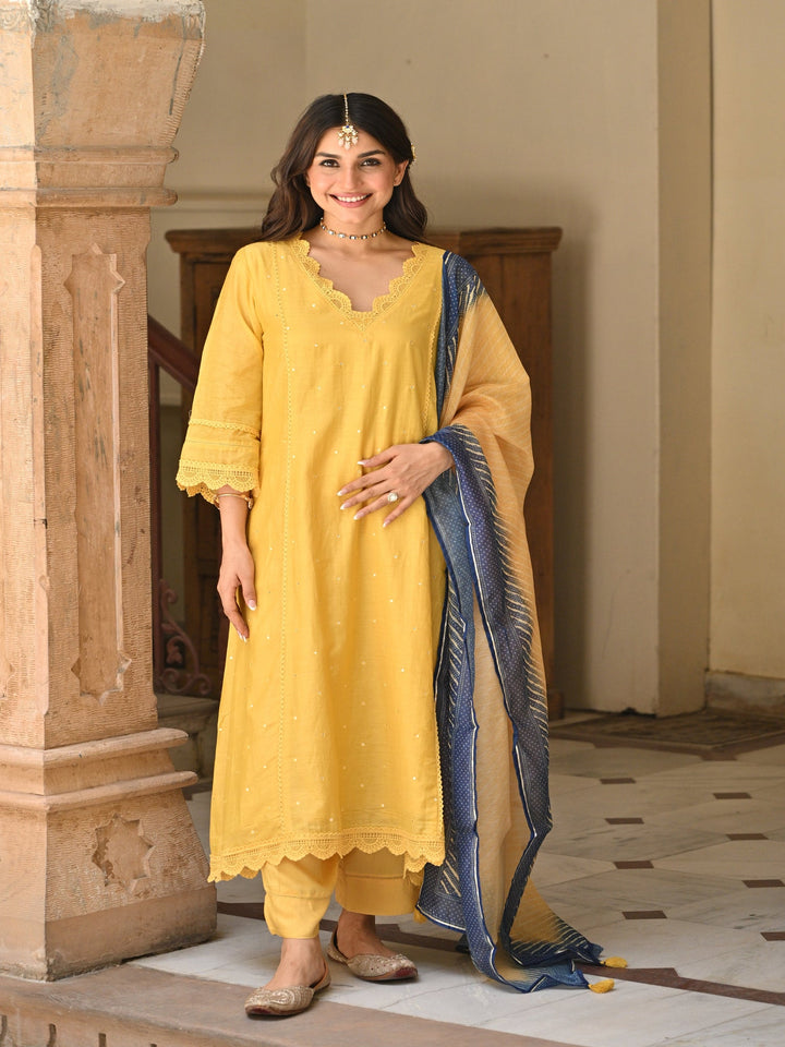 Yellow Mul chanderi with Lace Kurta with Shaded Blue Lehariya Dupatta Suit Set- SET OF 3 | SHOBITAM