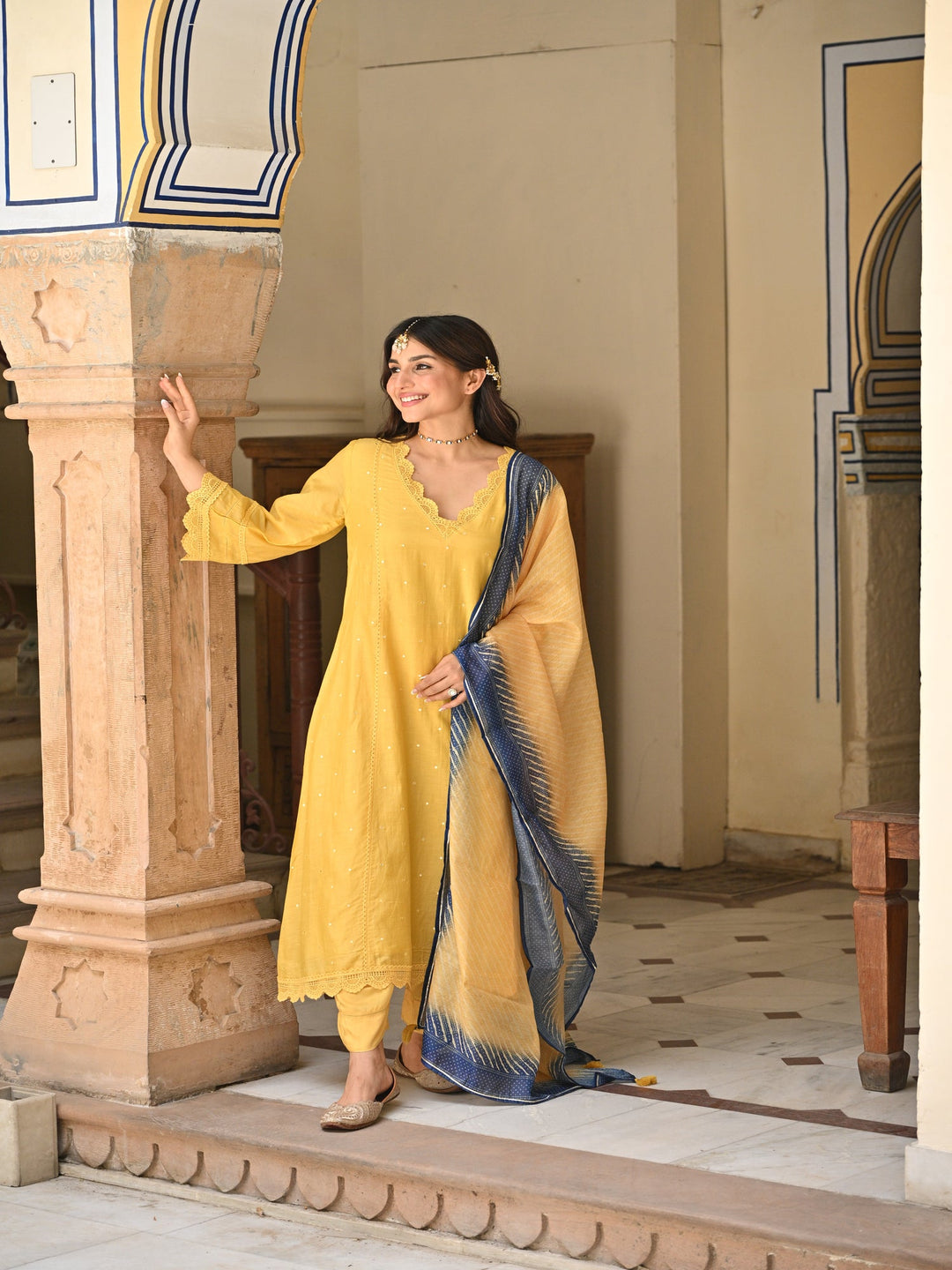 Yellow Mul chanderi with Lace Kurta with Shaded Blue Lehariya Dupatta Suit Set- SET OF 3 | SHOBITAM