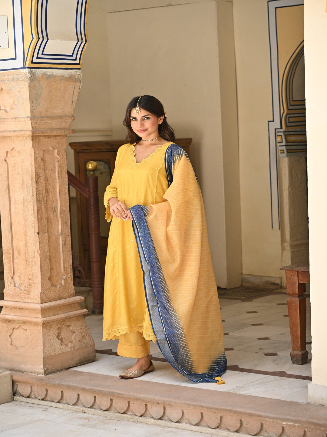 Yellow Mul chanderi with Lace Kurta with Shaded Blue Lehariya Dupatta Suit Set- SET OF 3 | SHOBITAM