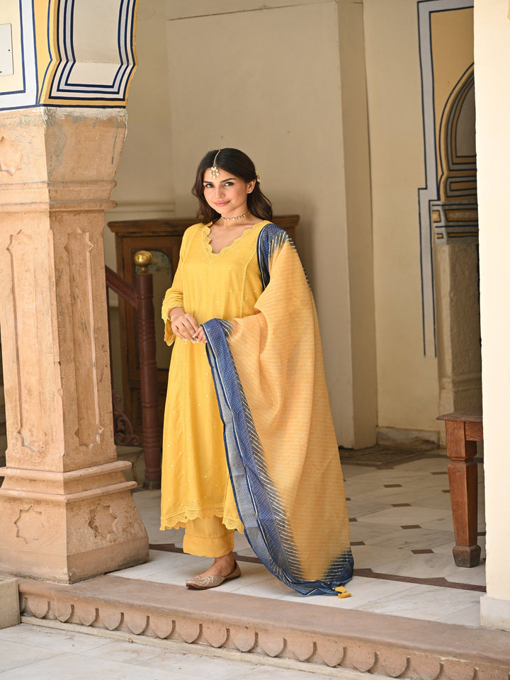 Yellow Mul chanderi with Lace Kurta with Shaded Blue Lehariya Dupatta Suit Set- SET OF 3 | SHOBITAM