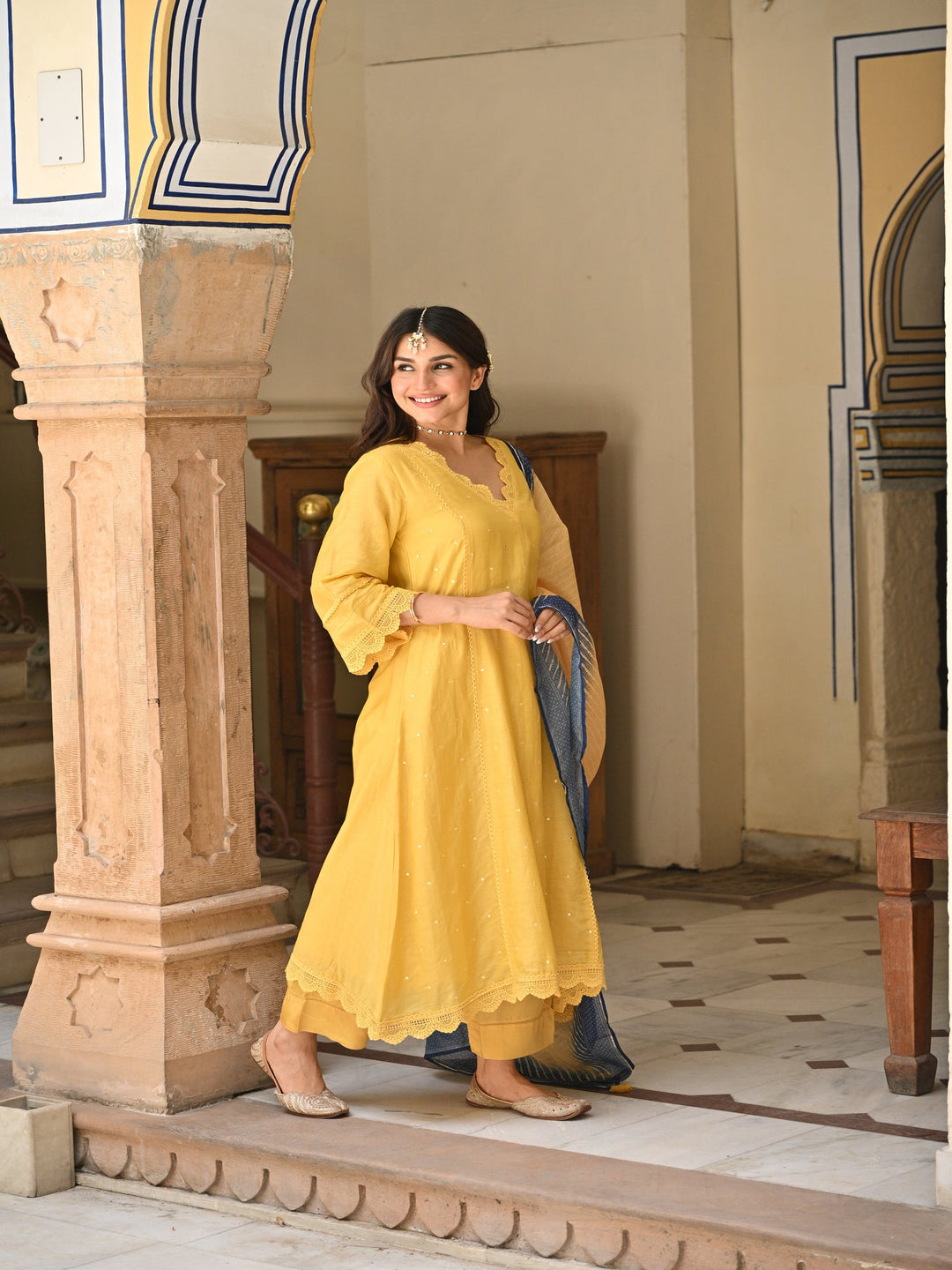 Yellow Mul chanderi with Lace Kurta with Shaded Blue Lehariya Dupatta Suit Set- SET OF 3 | SHOBITAM