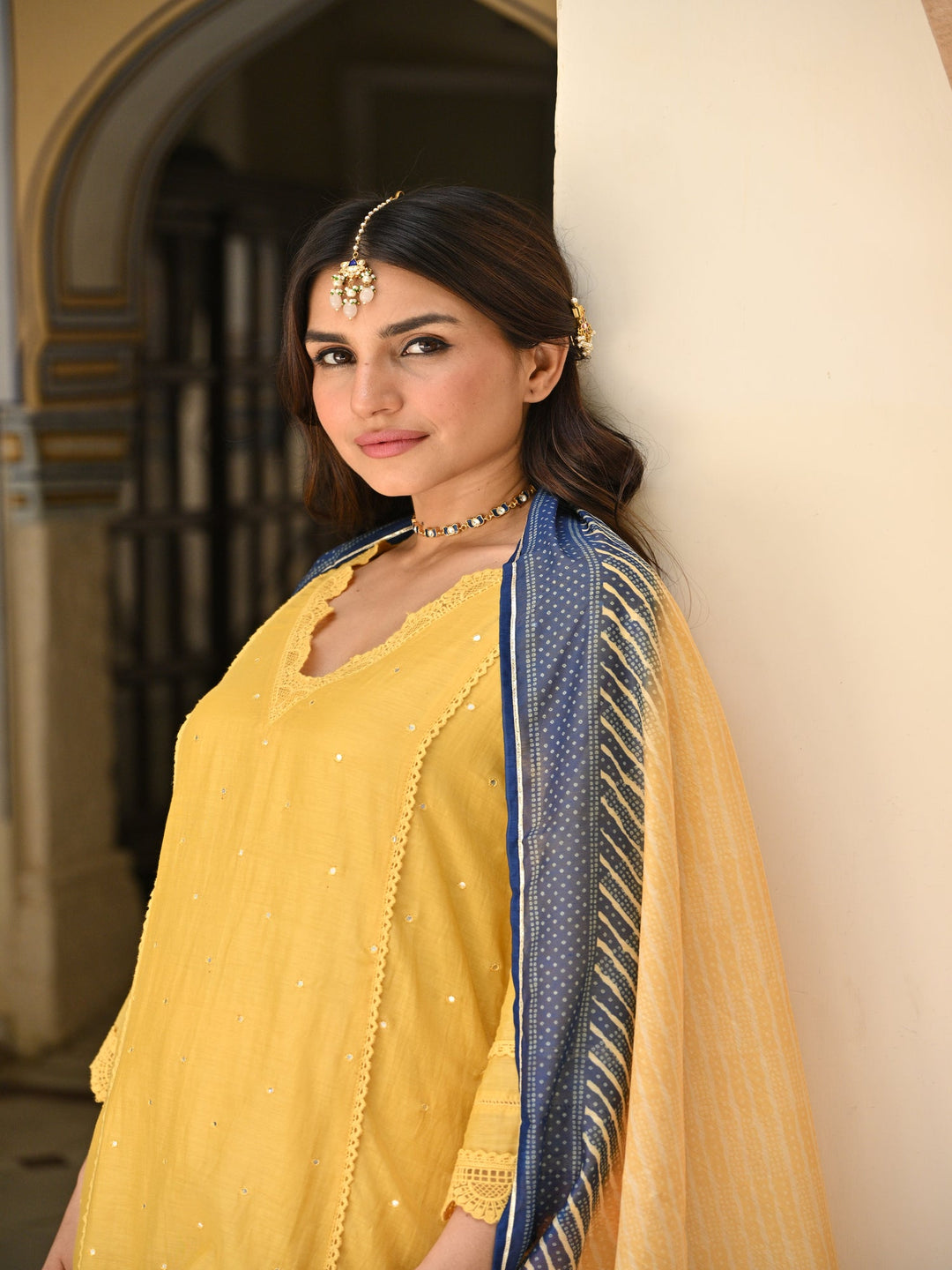 Yellow Mul chanderi with Lace Kurta with Shaded Blue Lehariya Dupatta Suit Set- SET OF 3 | SHOBITAM