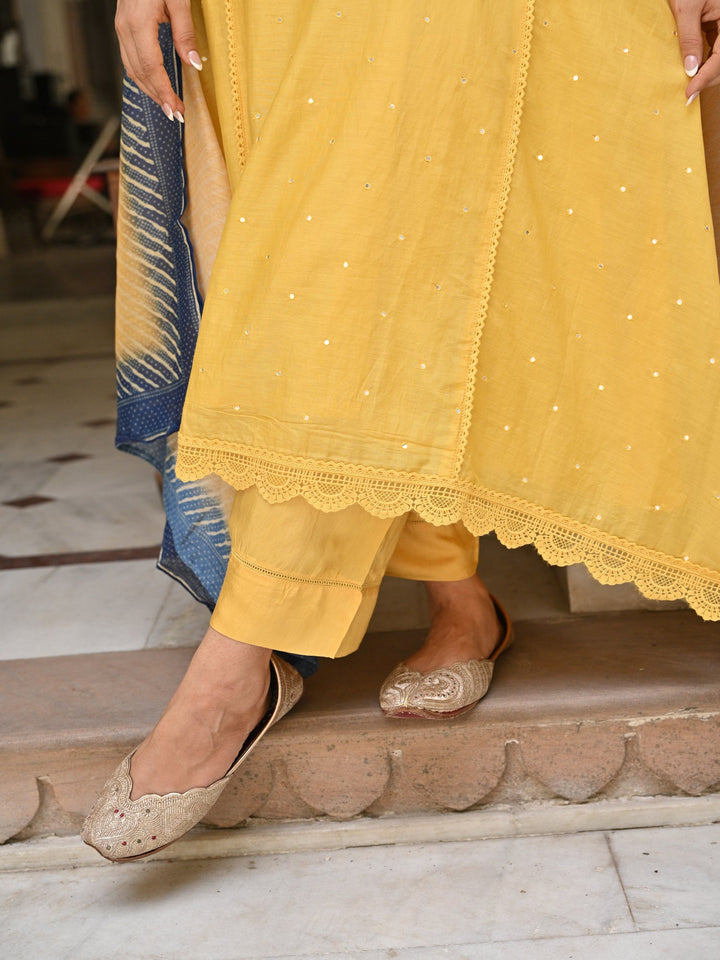 Yellow Mul chanderi with Lace Kurta with Shaded Blue Lehariya Dupatta Suit Set- SET OF 3 | SHOBITAM