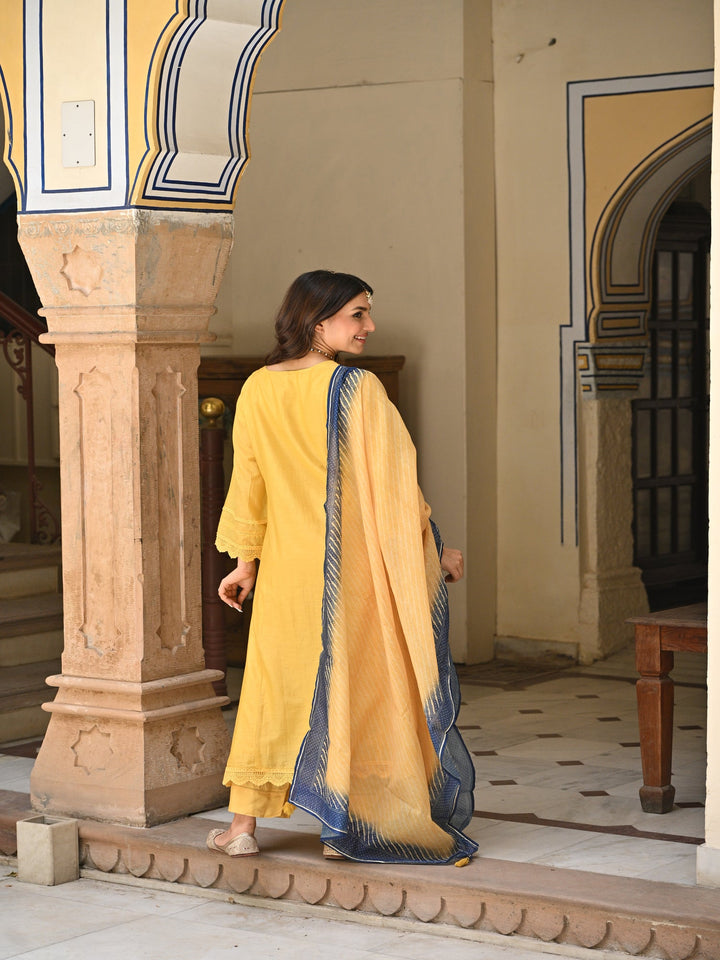 Yellow Mul chanderi with Lace Kurta with Shaded Blue Lehariya Dupatta Suit Set- SET OF 3 | SHOBITAM