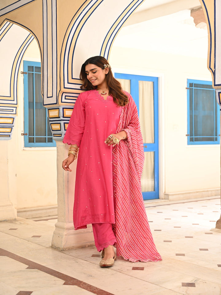Punch Pink Pure Mul Chanderi Scattered Gota Work with Lace A Line Kurta and Pant and Scallope Lehariya Dupatta-set of 3 | SHOBITAM