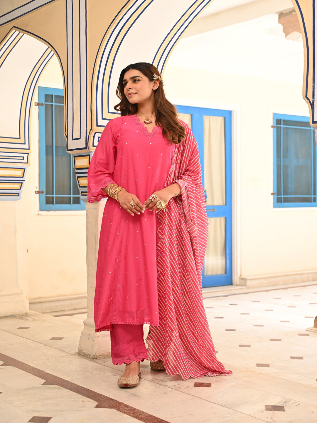 Punch Pink Pure Mul Chanderi Scattered Gota Work with Lace A Line Kurta and Pant and Scallope Lehariya Dupatta-set of 3 | SHOBITAM