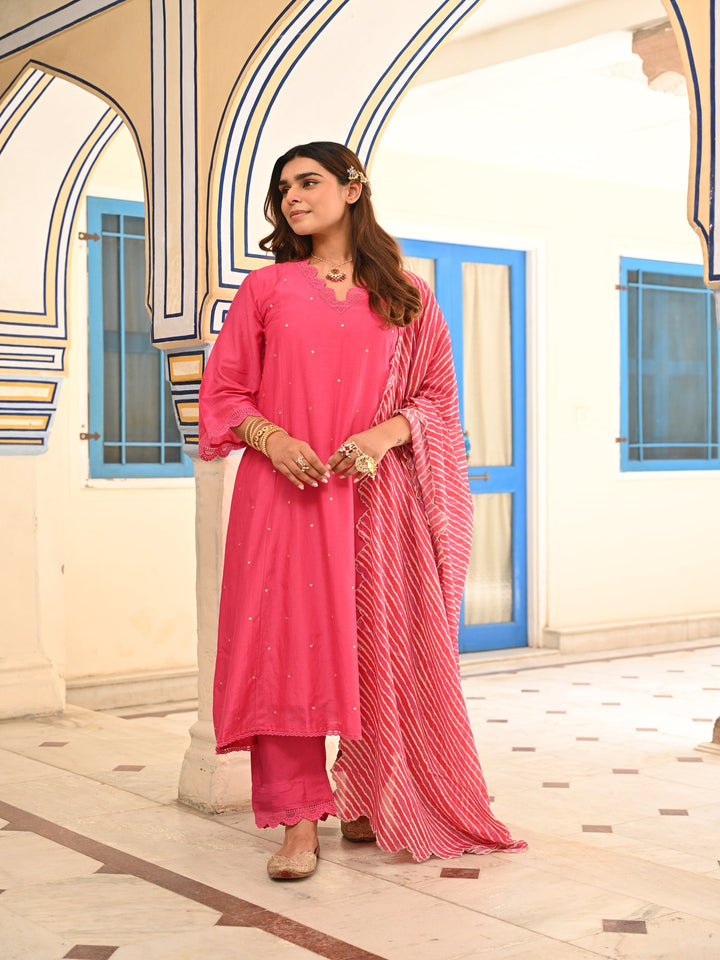 Punch Pink Pure Mul Chanderi Scattered Gota Work with Lace A Line Kurta and Pant and Scallope Lehariya Dupatta-set of 3 | SHOBITAM