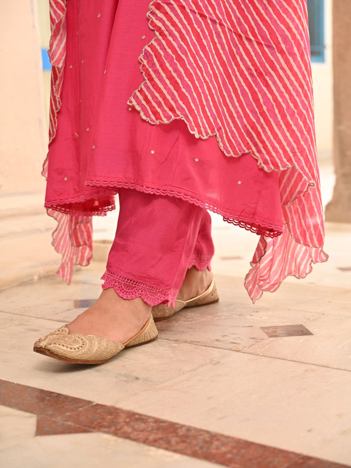 Punch Pink Pure Mul Chanderi Scattered Gota Work with Lace A Line Kurta and Pant and Scallope Lehariya Dupatta-set of 3 | SHOBITAM