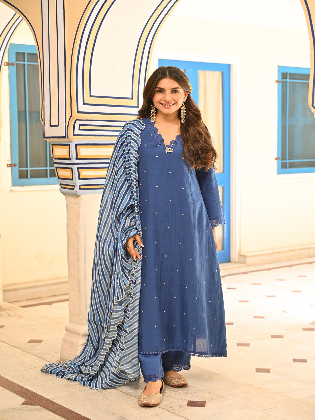 Royal Blue Pure Mul Chanderi Scattered Gota Work with Lace A Line Kurta and Pant and Scallope Lehariya Dupatta-set of 3| SHOBITAM