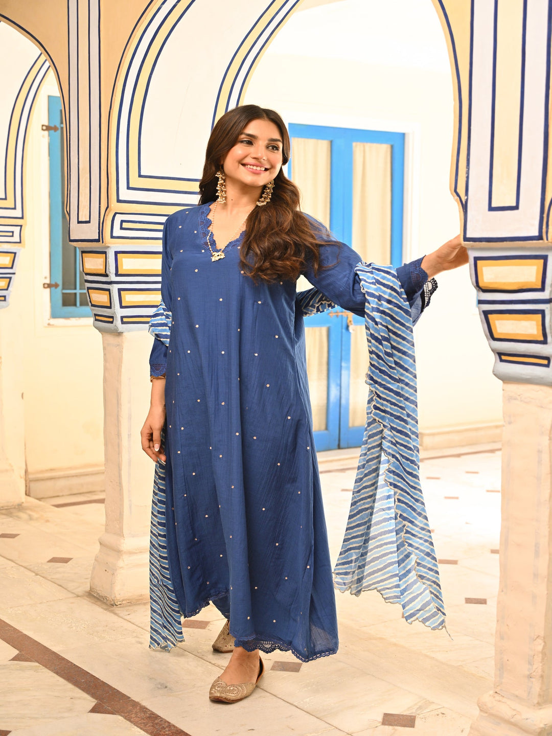 Royal Blue Pure Mul Chanderi Scattered Gota Work with Lace A Line Kurta and Pant and Scallope Lehariya Dupatta-set of 3| SHOBITAM