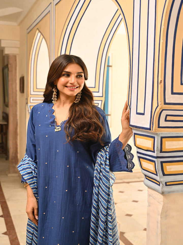 Royal Blue Pure Mul Chanderi Scattered Gota Work with Lace A Line Kurta and Pant and Scallope Lehariya Dupatta-set of 3| SHOBITAM