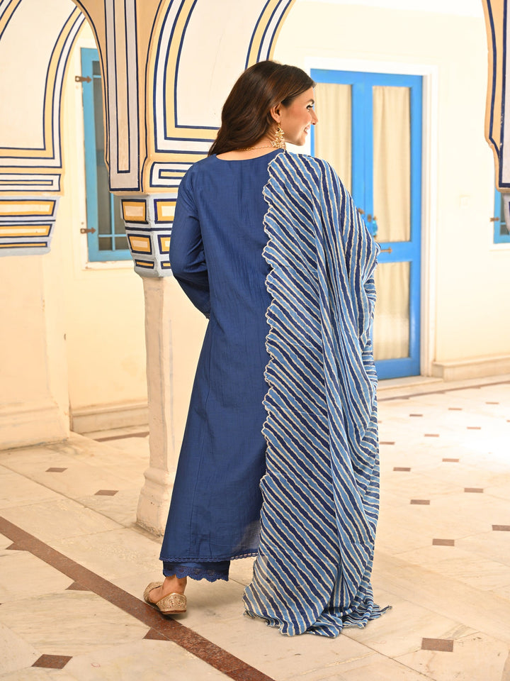 Royal Blue Pure Mul Chanderi Scattered Gota Work with Lace A Line Kurta and Pant and Scallope Lehariya Dupatta-set of 3| SHOBITAM