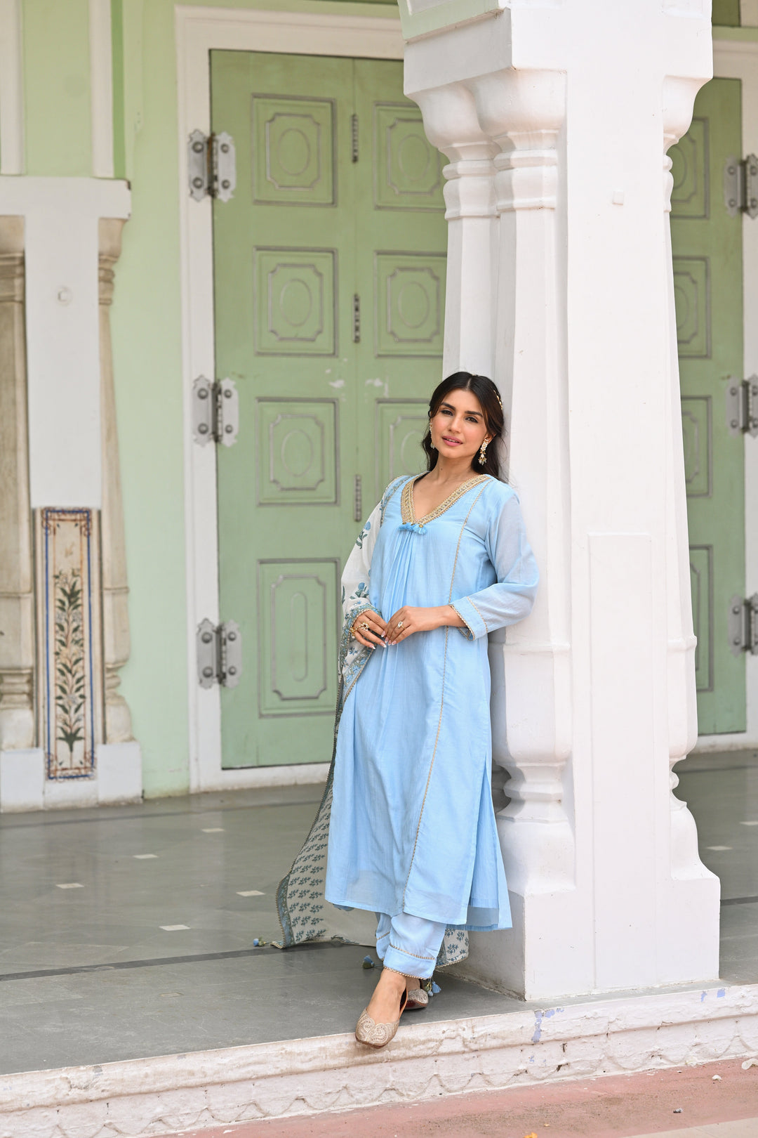 Powder Blue Pure Mul Chanderi Kurta With Block Printed Dupatta Suit Set- SET OF 3 | SHOBITAM