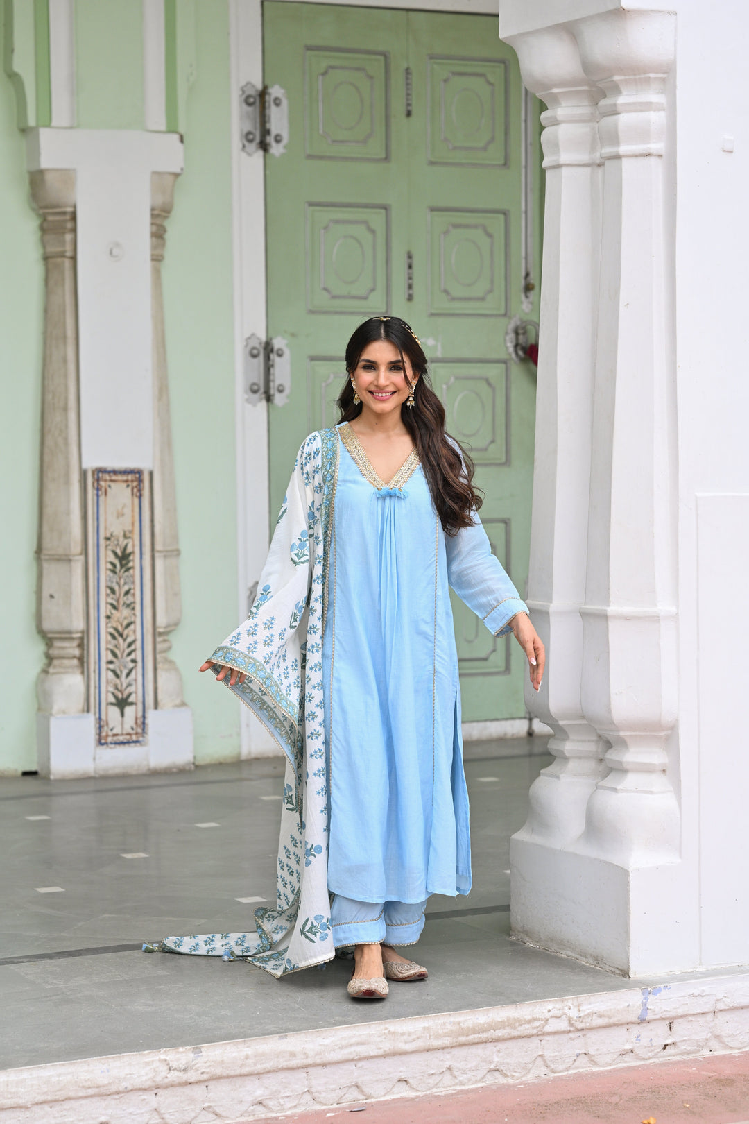 Powder Blue Pure Mul Chanderi Kurta With Block Printed Dupatta Suit Set- SET OF 3 | SHOBITAM