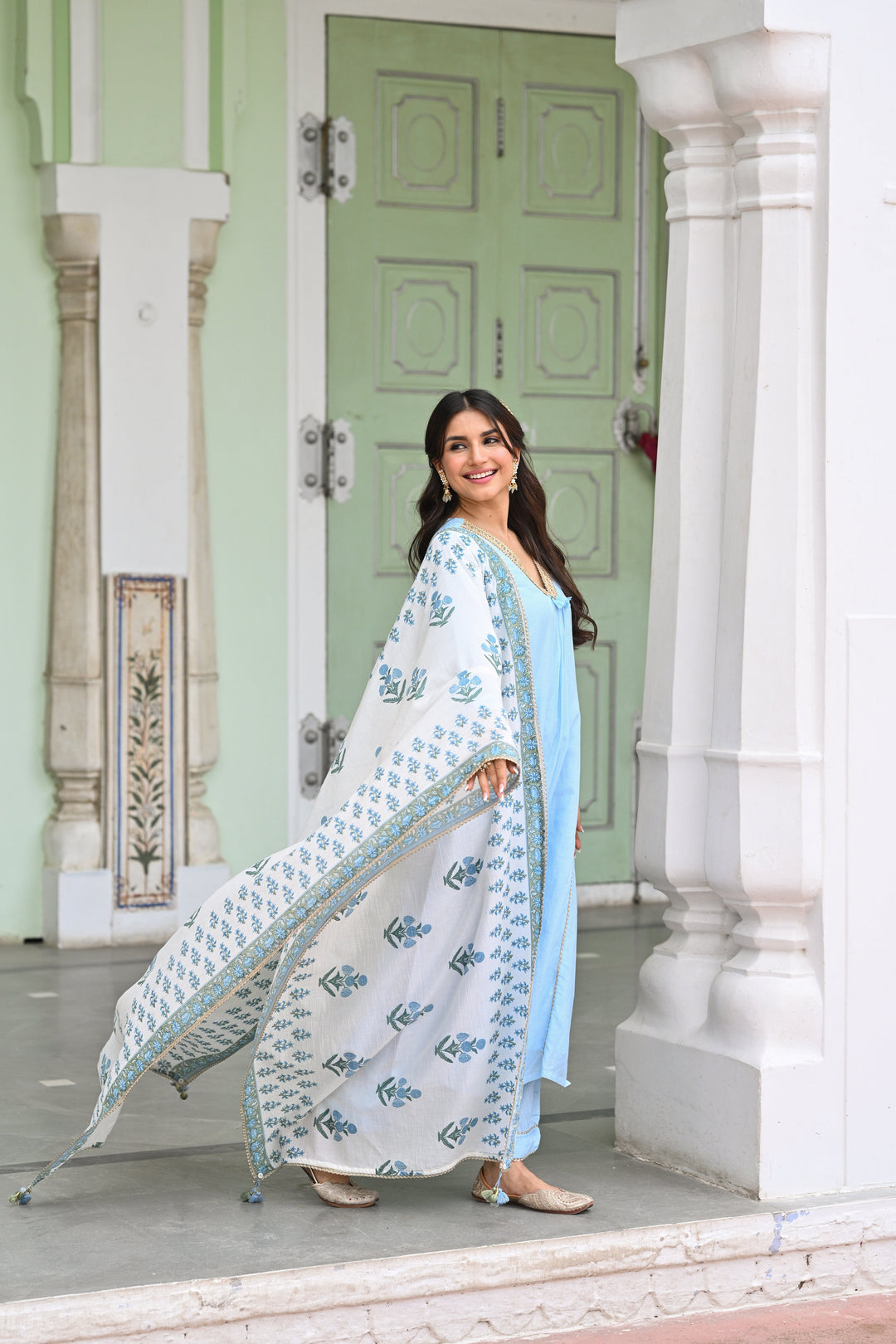 Powder Blue Pure Mul Chanderi Kurta With Block Printed Dupatta Suit Set- SET OF 3 | SHOBITAM