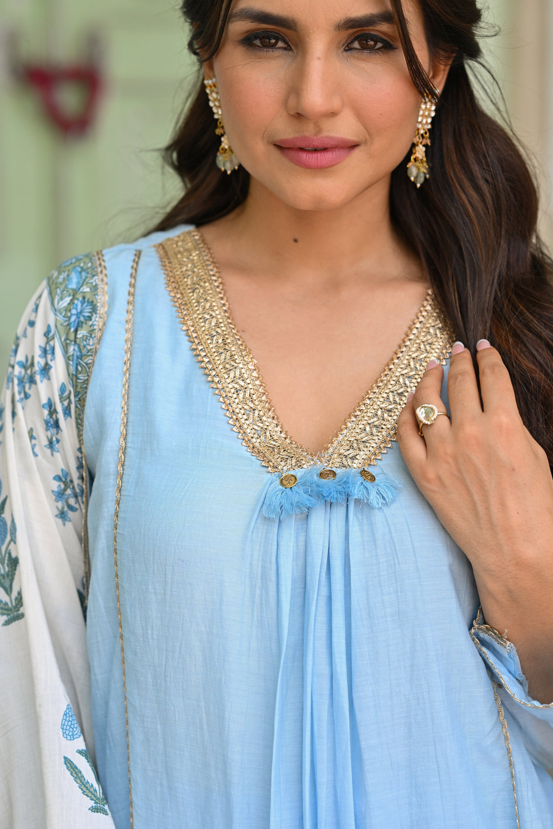 Powder Blue Pure Mul Chanderi Kurta With Block Printed Dupatta Suit Set- SET OF 3 | SHOBITAM