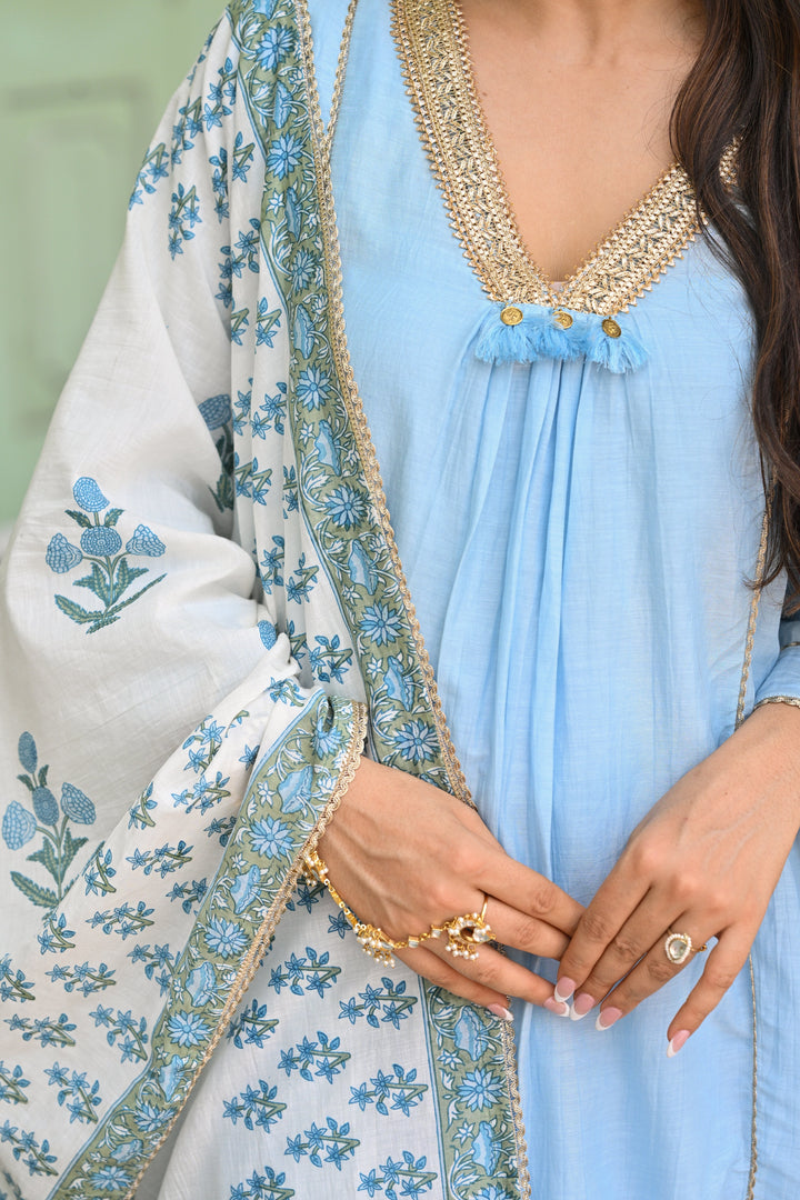 Powder Blue Pure Mul Chanderi Kurta With Block Printed Dupatta Suit Set- SET OF 3 | SHOBITAM
