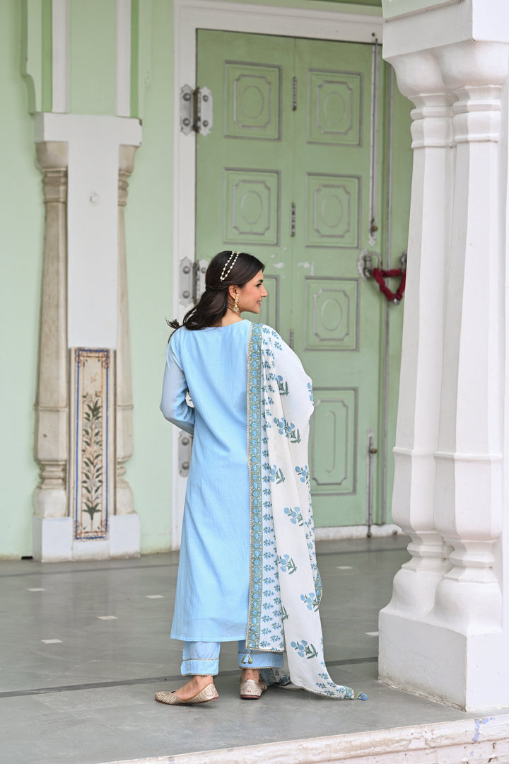 Powder Blue Pure Mul Chanderi Kurta With Block Printed Dupatta Suit Set- SET OF 3 | SHOBITAM