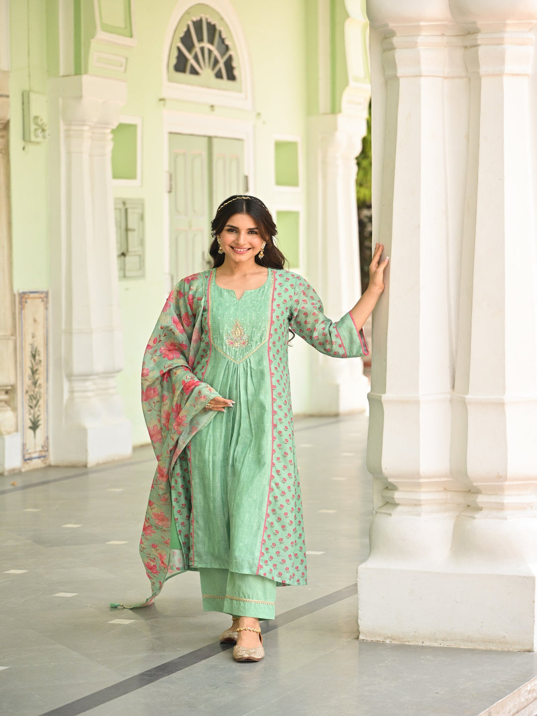 Seafoam Mint Green Chanderi Suit Set with Pleated Pattern Kurta and Floral Dupatta with Gota Work on Yoke - SET OF-3 | SHOBITAM