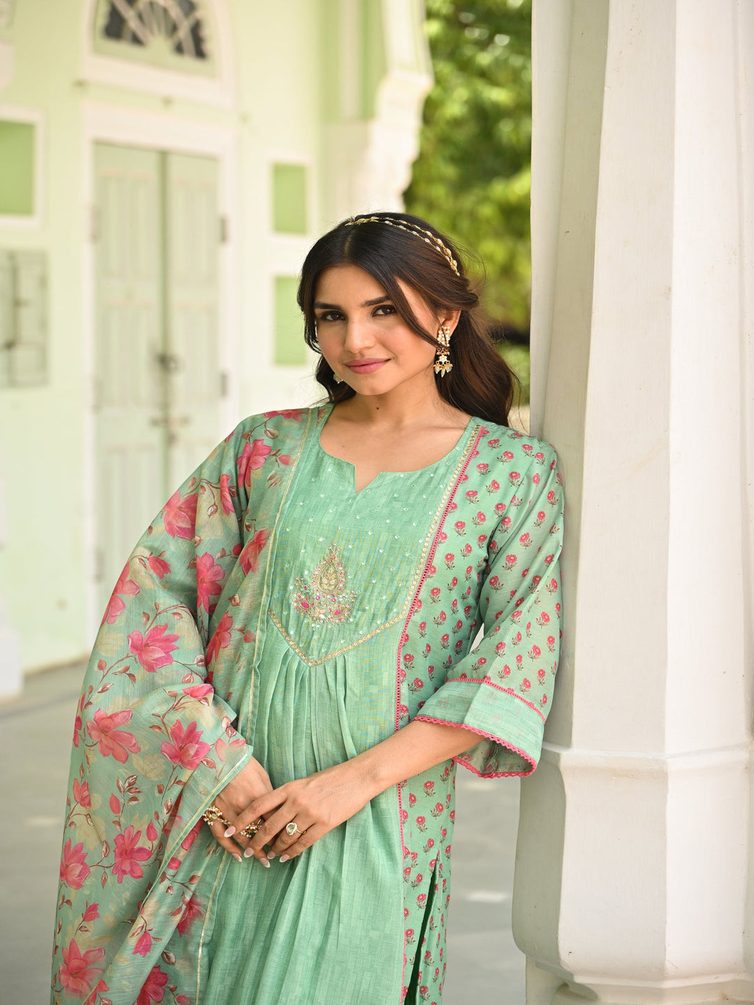 Seafoam Mint Green Chanderi Suit Set with Pleated Pattern Kurta and Floral Dupatta with Gota Work on Yoke - SET OF-3 | SHOBITAM