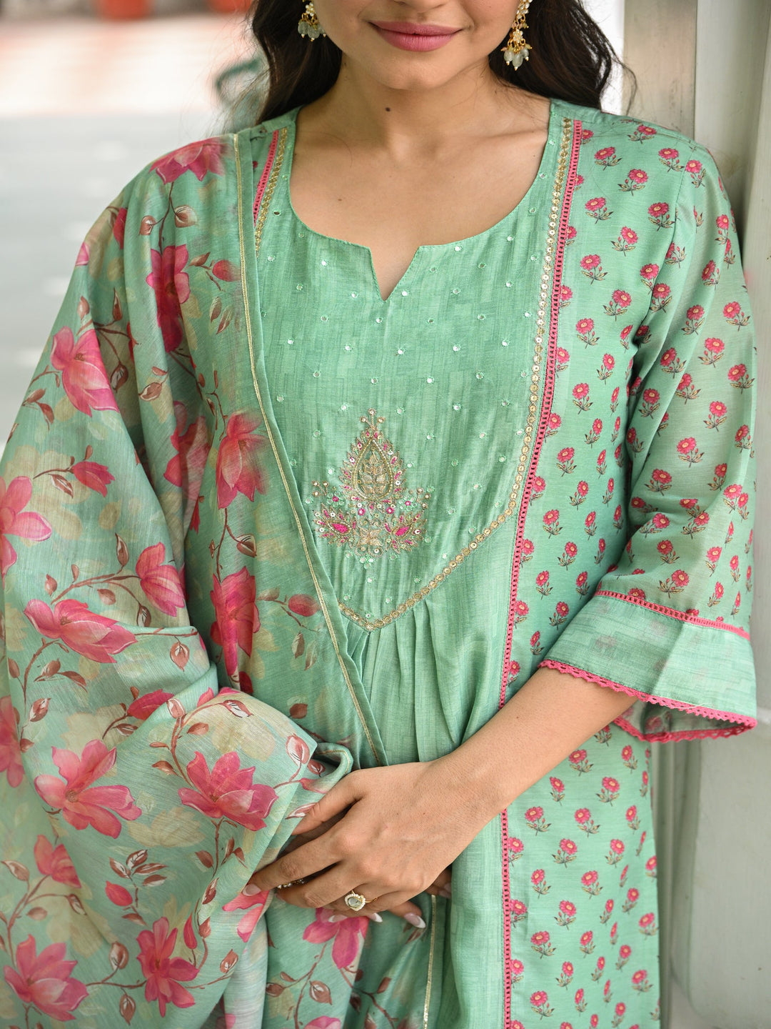 Seafoam Mint Green Chanderi Suit Set with Pleated Pattern Kurta and Floral Dupatta with Gota Work on Yoke - SET OF-3 | SHOBITAM