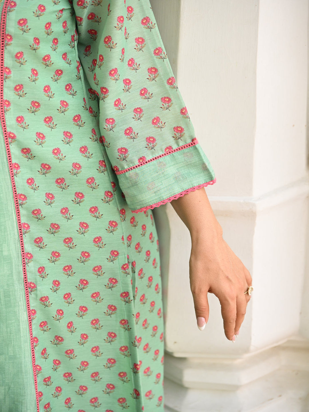Seafoam Mint Green Chanderi Suit Set with Pleated Pattern Kurta and Floral Dupatta with Gota Work on Yoke - SET OF-3 | SHOBITAM