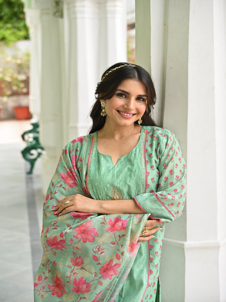 Seafoam Mint Green Chanderi Suit Set with Pleated Pattern Kurta and Floral Dupatta with Gota Work on Yoke - SET OF-3 | SHOBITAM