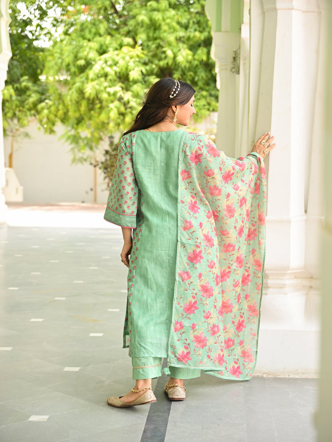 Seafoam Mint Green Chanderi Suit Set with Pleated Pattern Kurta and Floral Dupatta with Gota Work on Yoke - SET OF-3 | SHOBITAM