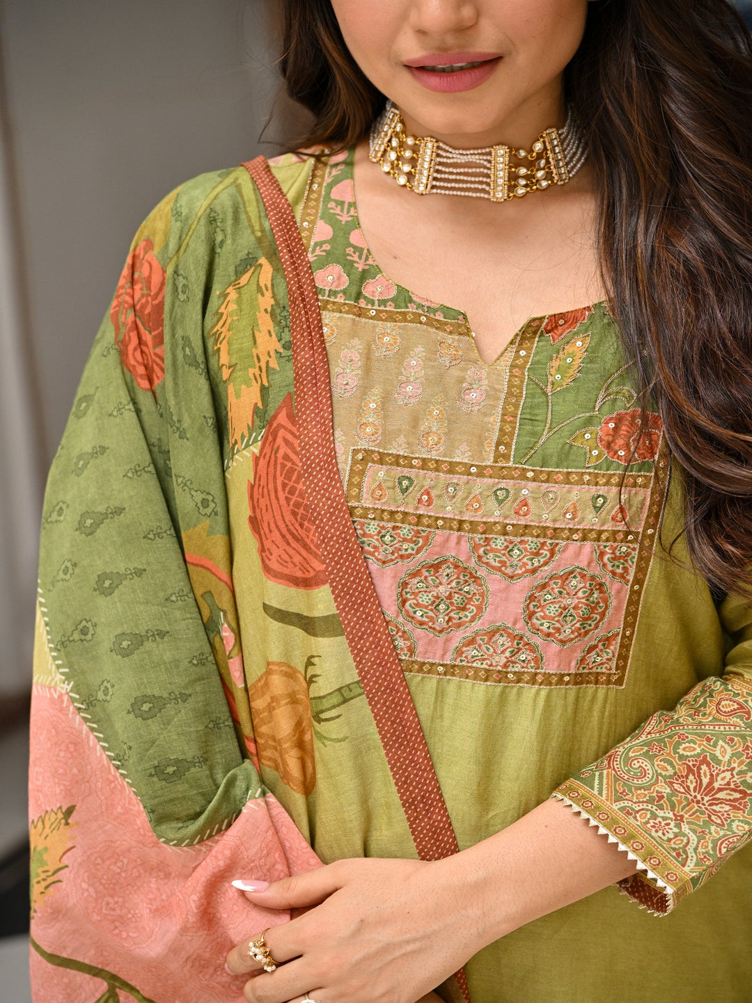 Mehandi Green Mughal Print Mul Chanderi Suit Set-SET OF 3 | SHOBITAM