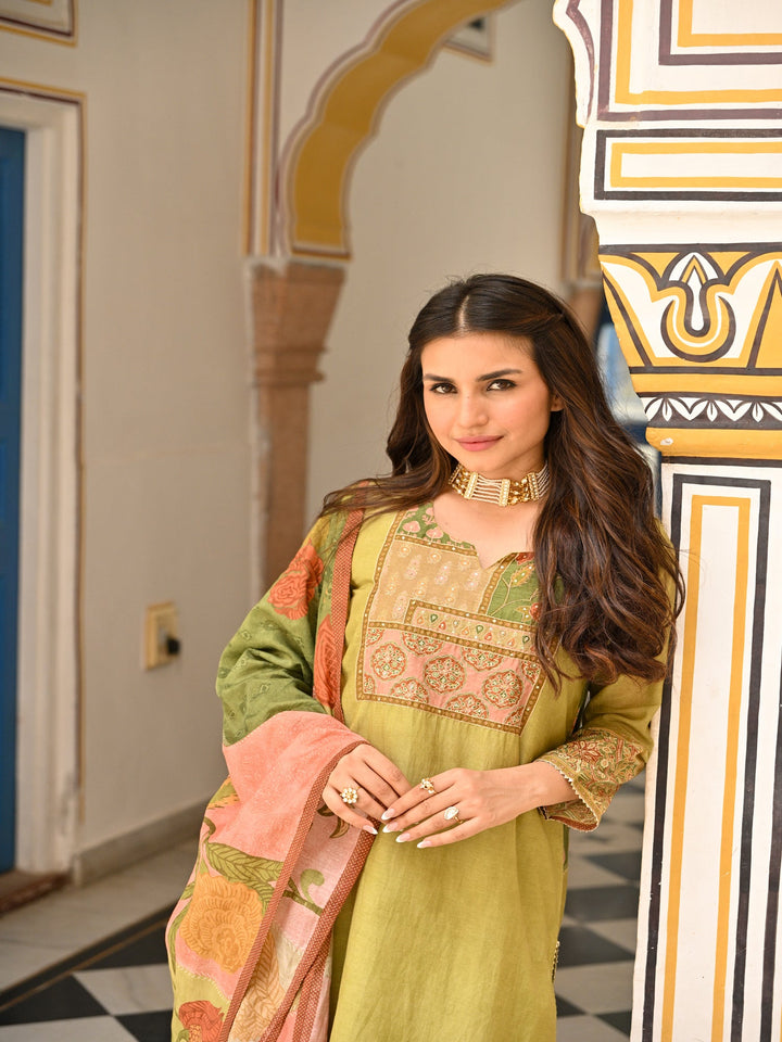 Mehandi Green Mughal Print Mul Chanderi Suit Set-SET OF 3 | SHOBITAM