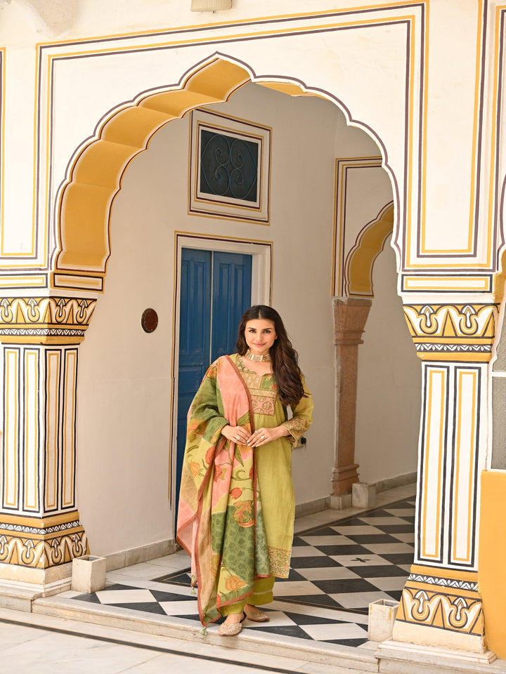 Mehandi Green Mughal Print Mul Chanderi Suit Set-SET OF 3 | SHOBITAM