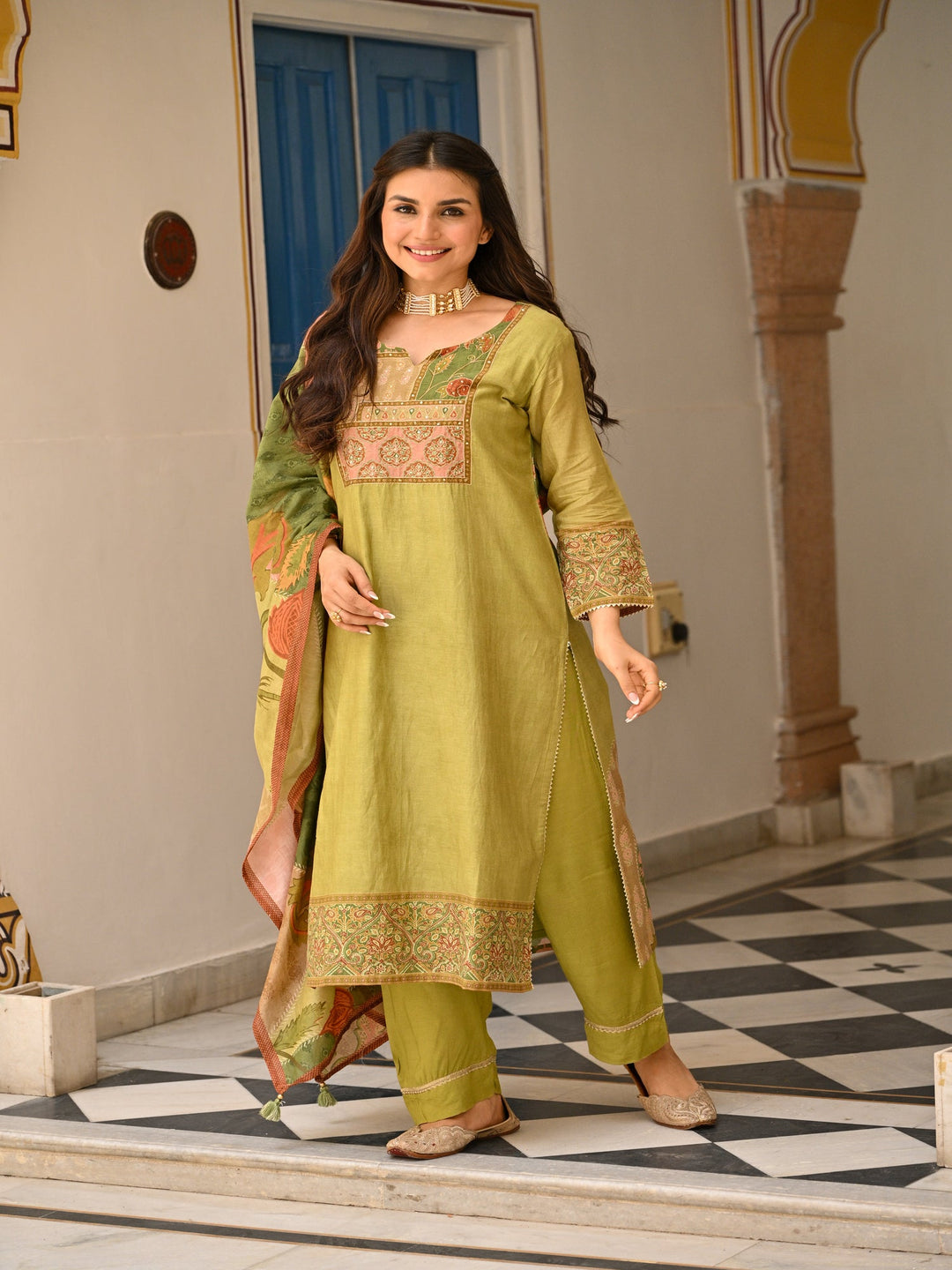 Mehandi Green Mughal Print Mul Chanderi Suit Set-SET OF 3 | SHOBITAM