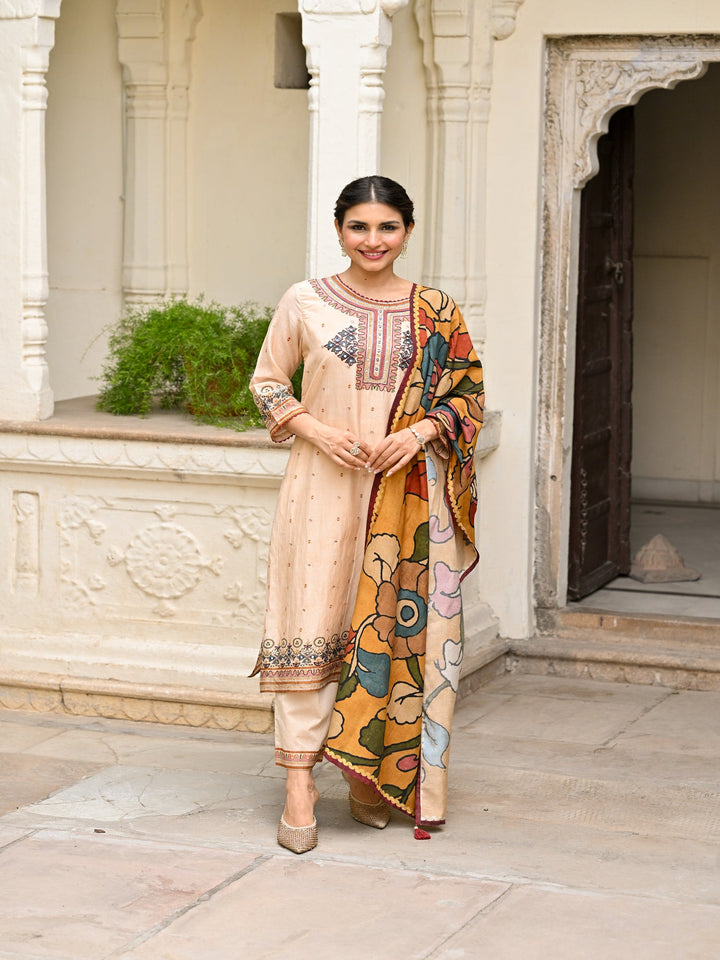 Beige Pure Mul Chanderi Suit With Thread Handwork and Kalamkari Dupatta - SET OF-3 | SHOBITAM