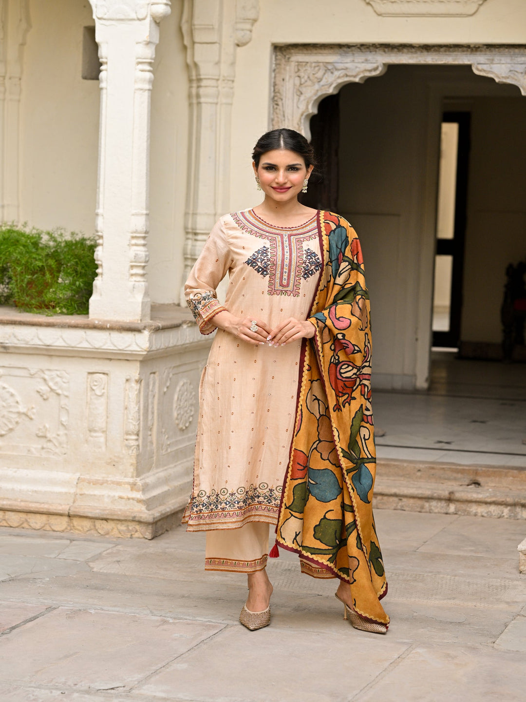 Beige Pure Mul Chanderi Suit With Thread Handwork and Kalamkari Dupatta - SET OF-3 | SHOBITAM