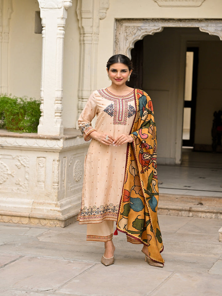 Beige Pure Mul Chanderi Suit With Thread Handwork and Kalamkari Dupatta - SET OF-3 | SHOBITAM
