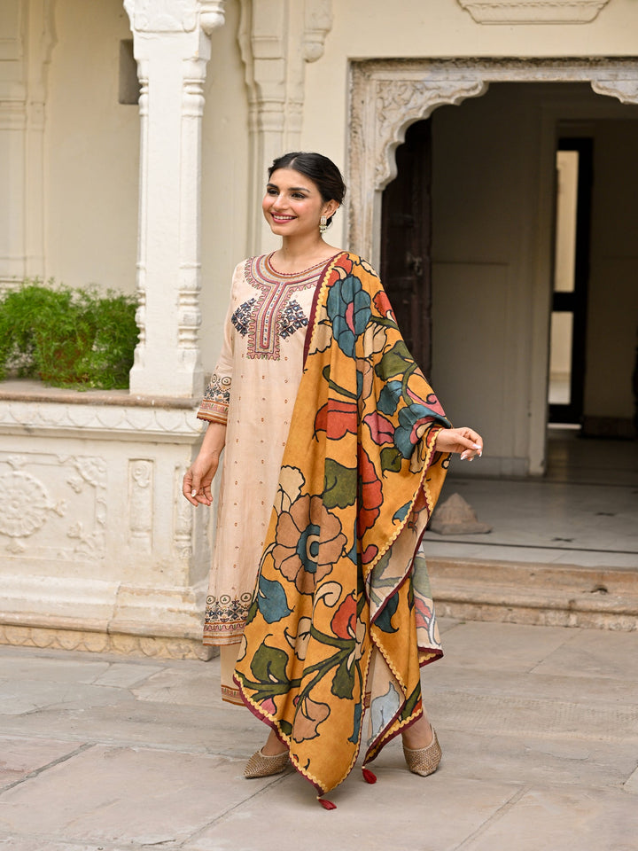 Beige Pure Mul Chanderi Suit With Thread Handwork and Kalamkari Dupatta - SET OF-3 | SHOBITAM