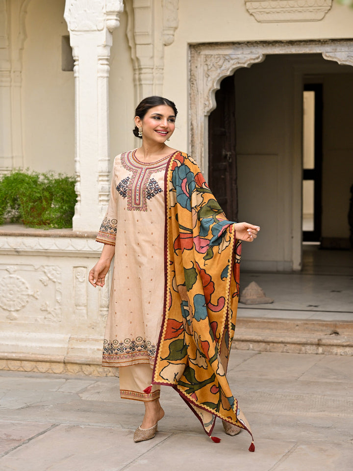 Beige Pure Mul Chanderi Suit With Thread Handwork and Kalamkari Dupatta - SET OF-3 | SHOBITAM